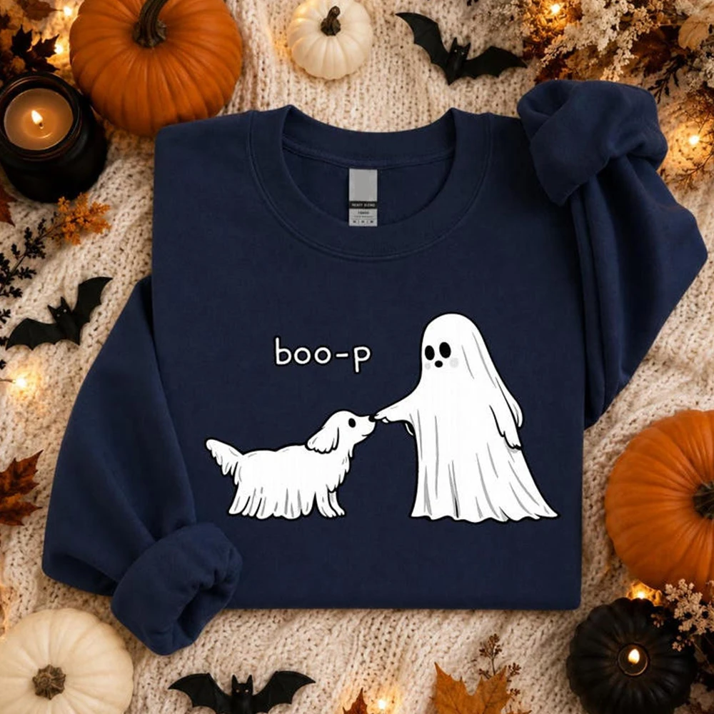Cute Ghost Dog Sweatshirt Boo-P Halloween Crewneck Funny Dog Lover Shirt Spooky Season Dog Mom Pullover Halloween Sweatshirts