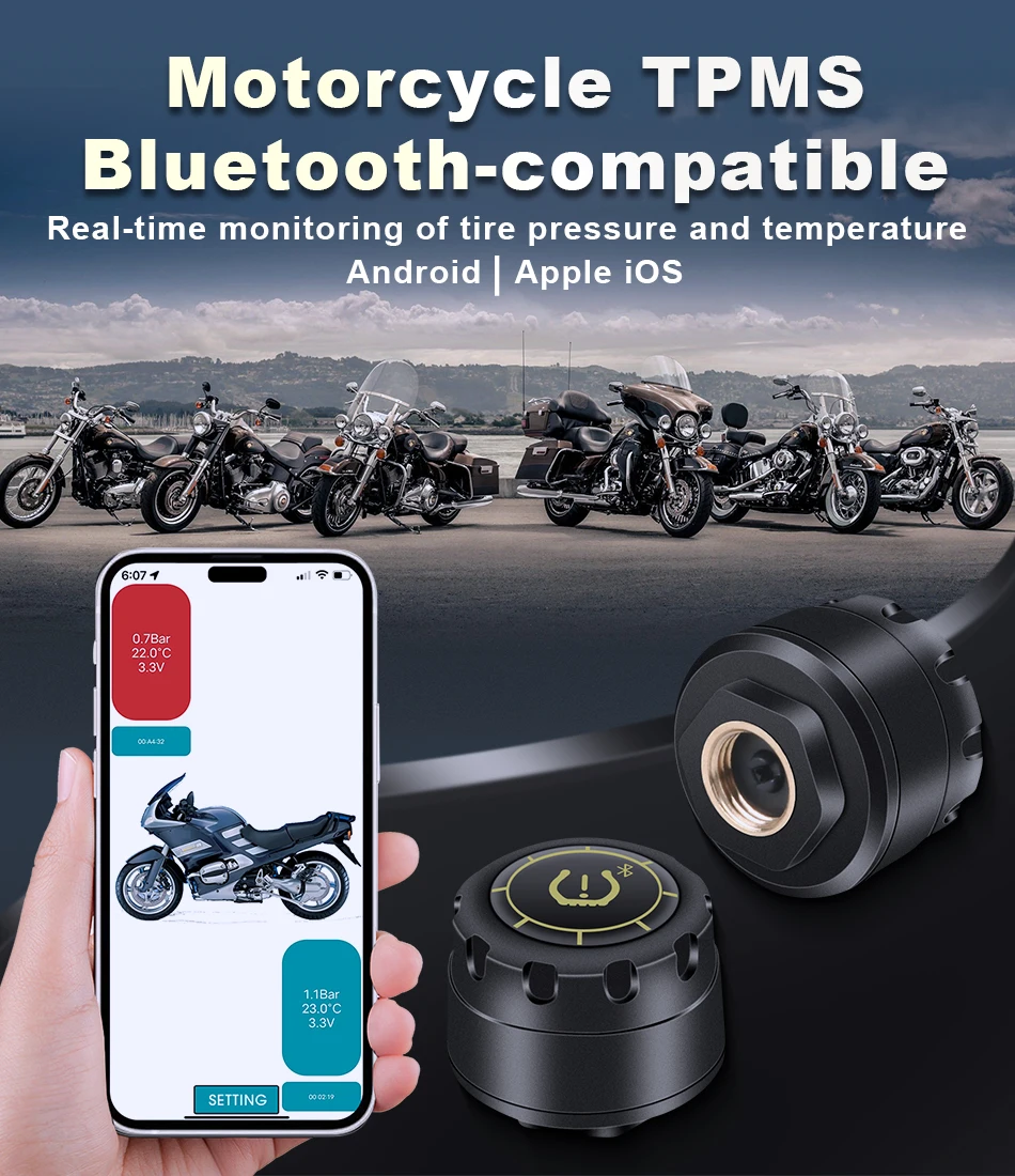 Motorcycle Car TPMS Bluetooth 5.0 Tire Pressure Alarm Monitor Apple IOS Android System Temperature Warning Sensors Tire Gauge