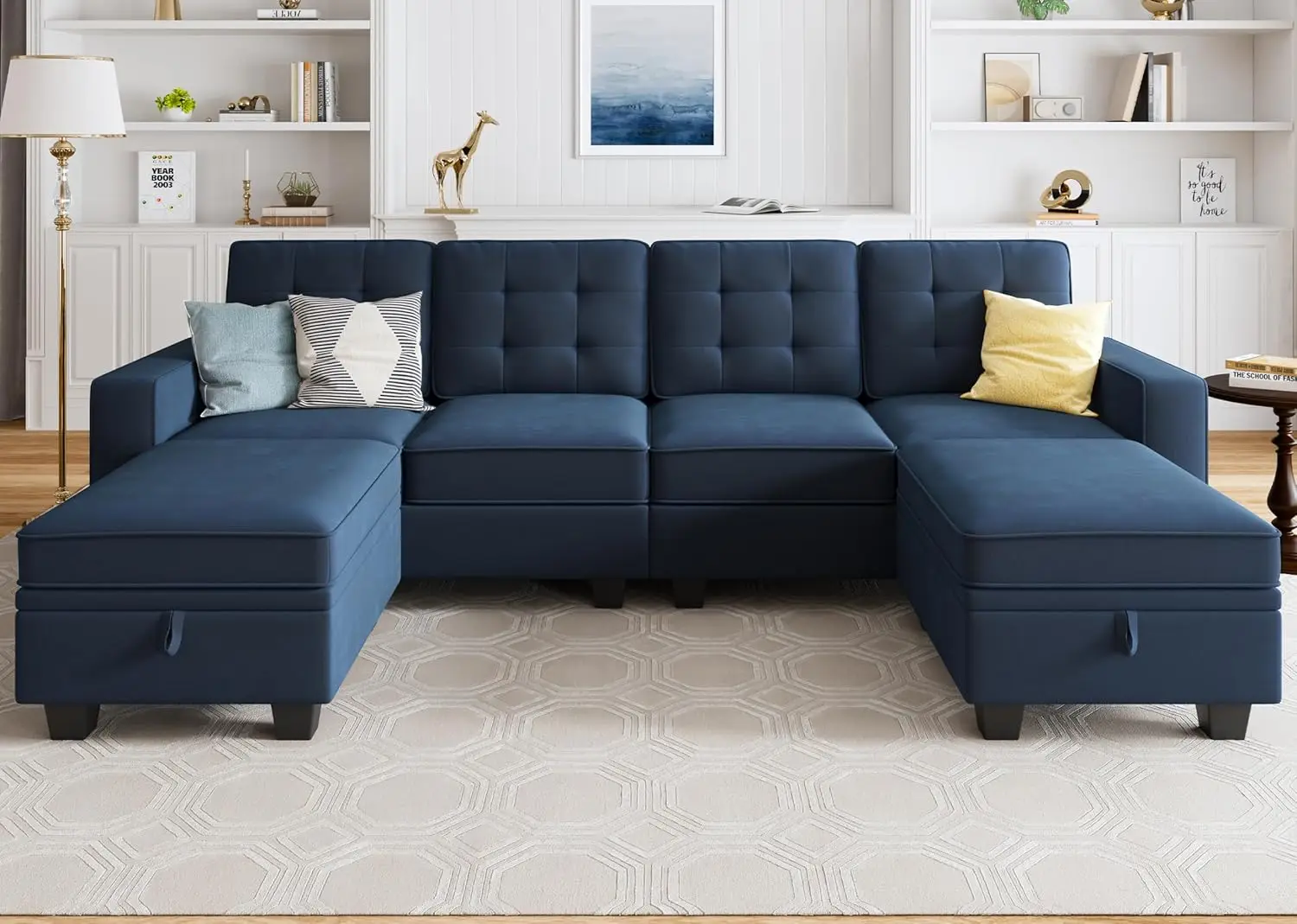 

Velvet Sectional Couch with Storage U Shaped Couch with Chaises for Living Room, Dark Blue