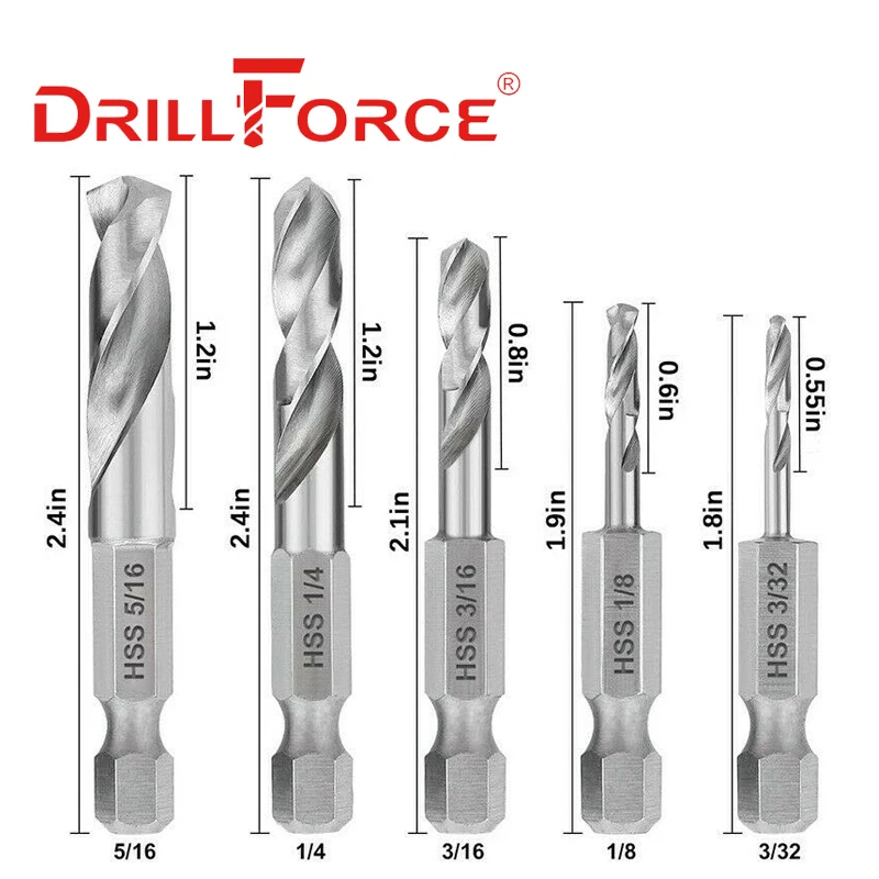 Drillforce Lavorazione Del Legno Stubby Drill Bits Set Brad Point Twist Cambio Rapido Utensili Da Taglio 3/32 "1/8" 3/16 "1/4" 5/16 "3/8"