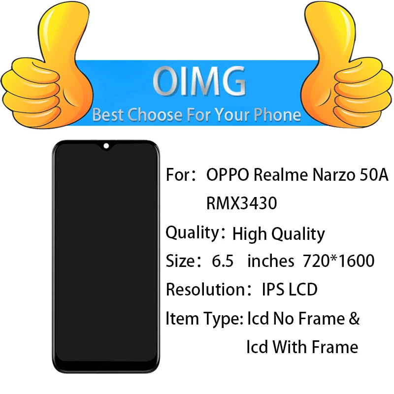 Pantalla Lcd de calidad AAA de 6,5 pulgadas para Realme Narzo 50A RMX3430 con marco de montaje de digitalizador con pantalla táctil piezas de