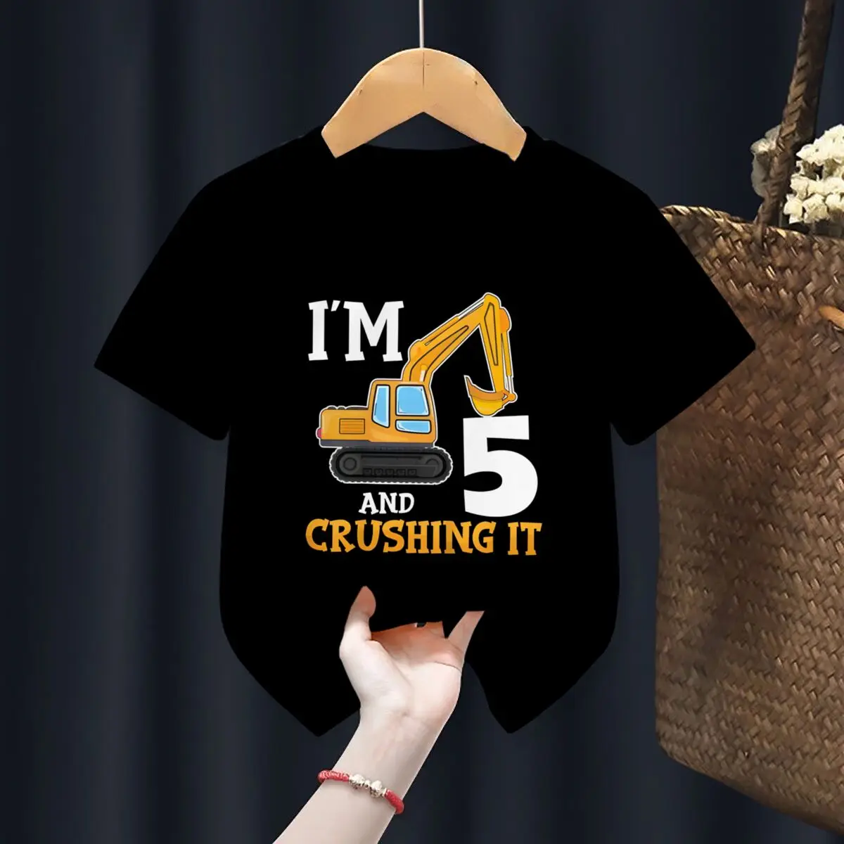 Kids 5th Birthday Top Birthday Digger Boy Construction 5 Years Old T-Shirt I'm 5 and Crushing It Excavator Classic Kids T-Shirt