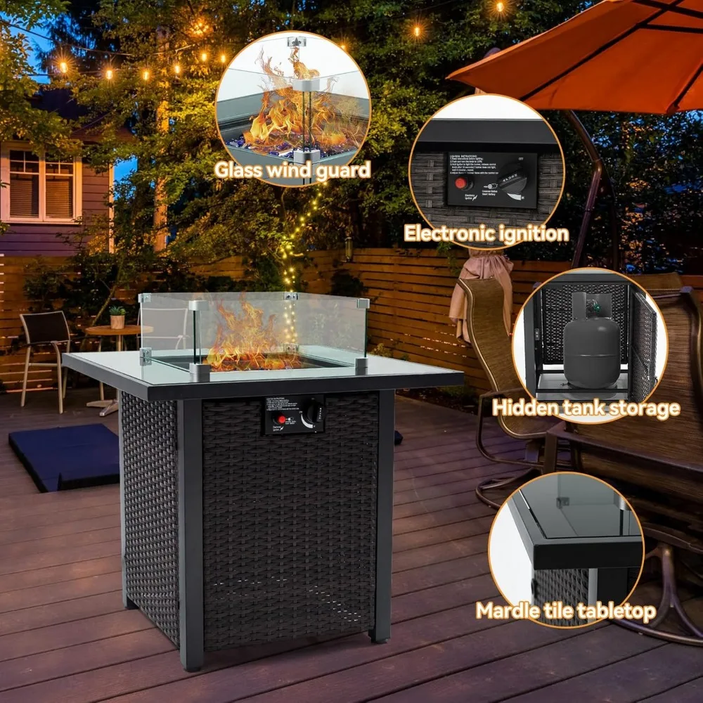 28'' Propane Fire Pit Table, Outdoor Patio Firepit, CSA Certified 50,000 BTU Fire Pit Table with 4 Coloured Glass Rocks.