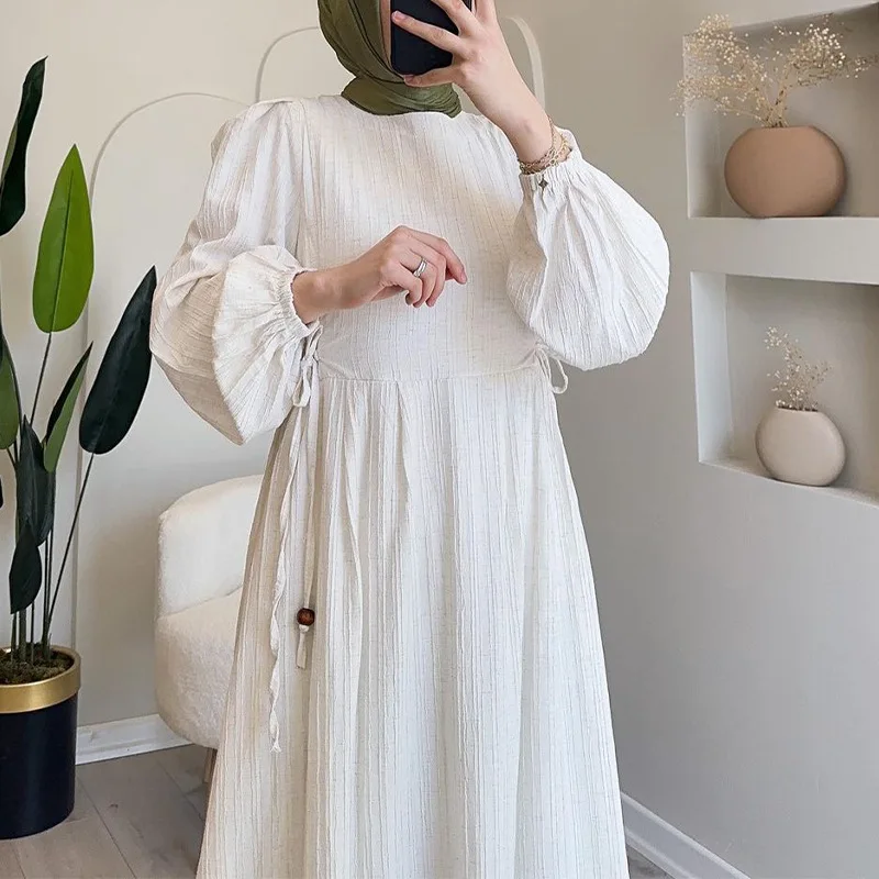 2025 Women's Autumn Muslim round Neck Lantern Sleeve Robe Elegant and Comfortable Dress W001