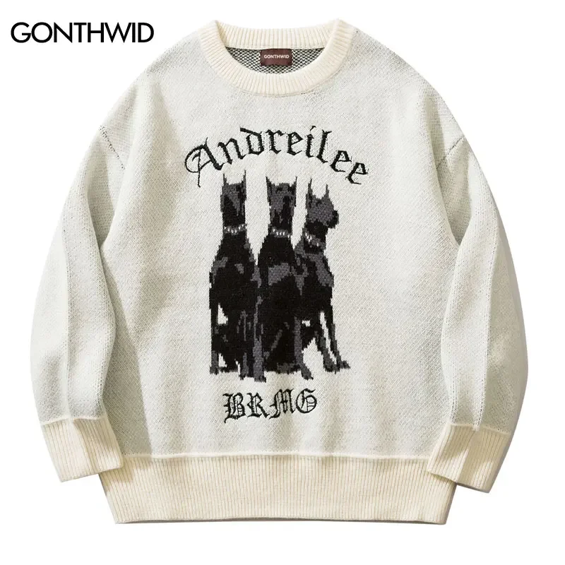 Sweater Y2K Streetwear Pria, Sweater Anjing Doberman Rajut Vintage Hip Hop, Harajuku Mode Retro Musim Gugur