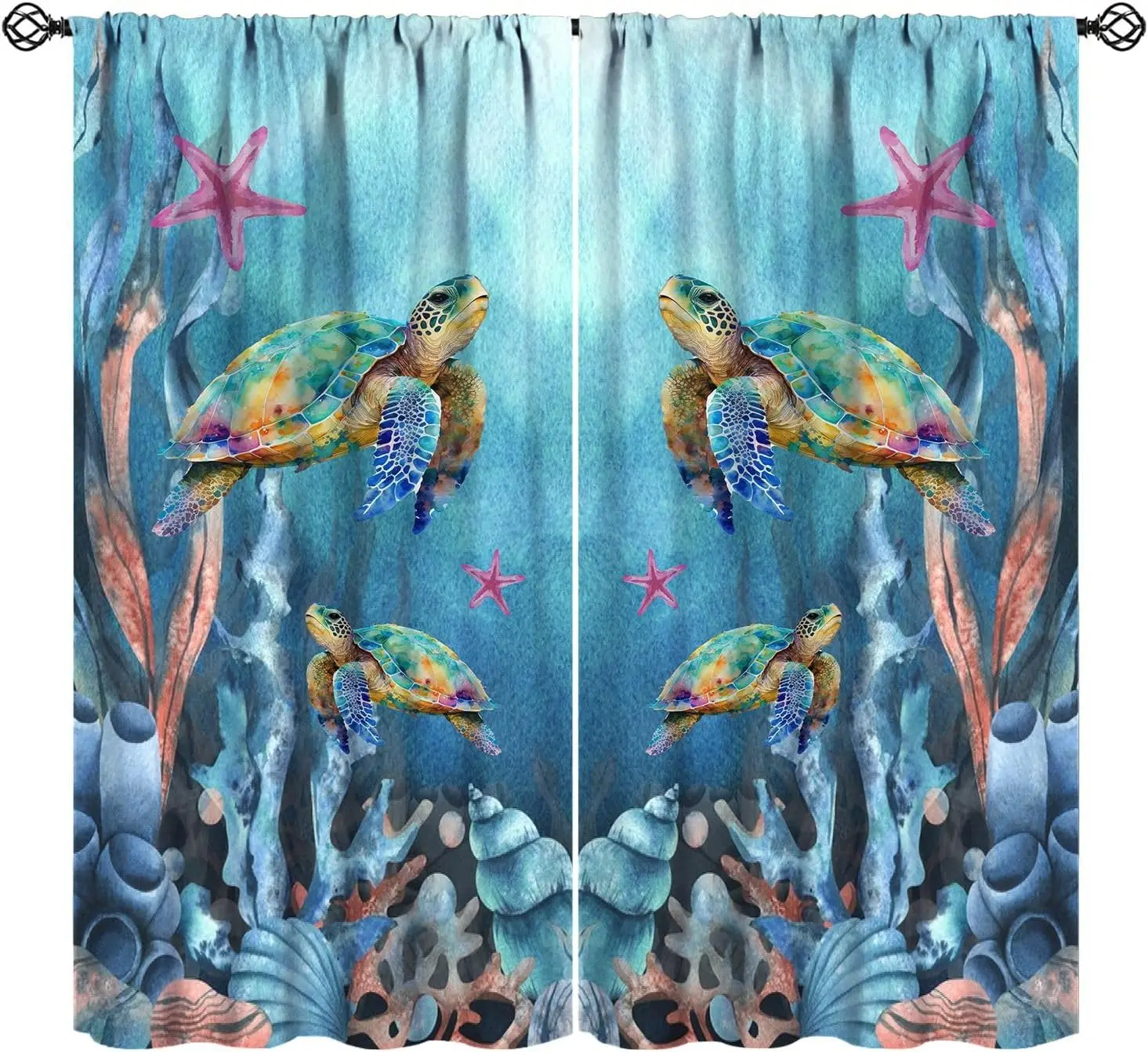 Sea Turtle Nautical Blackout Curtains Ocean Undersea Animal Seashell Mint Green Marine Life Plant Coral Seaweed Drapes Curtains