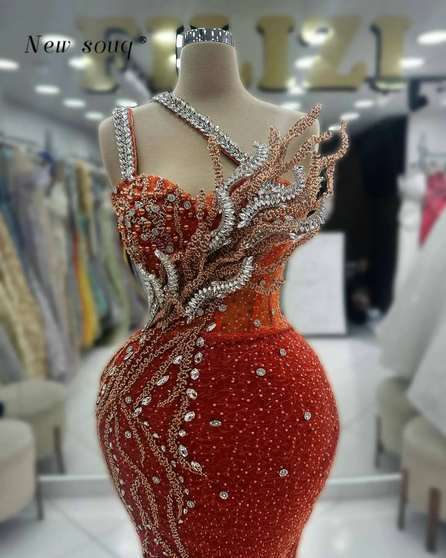 Burnt Orange One Shoulder Mermaid Long Evening Dresses Arabic Crystals Sequins Glitter Wedding Reception Party Gowns with Slit