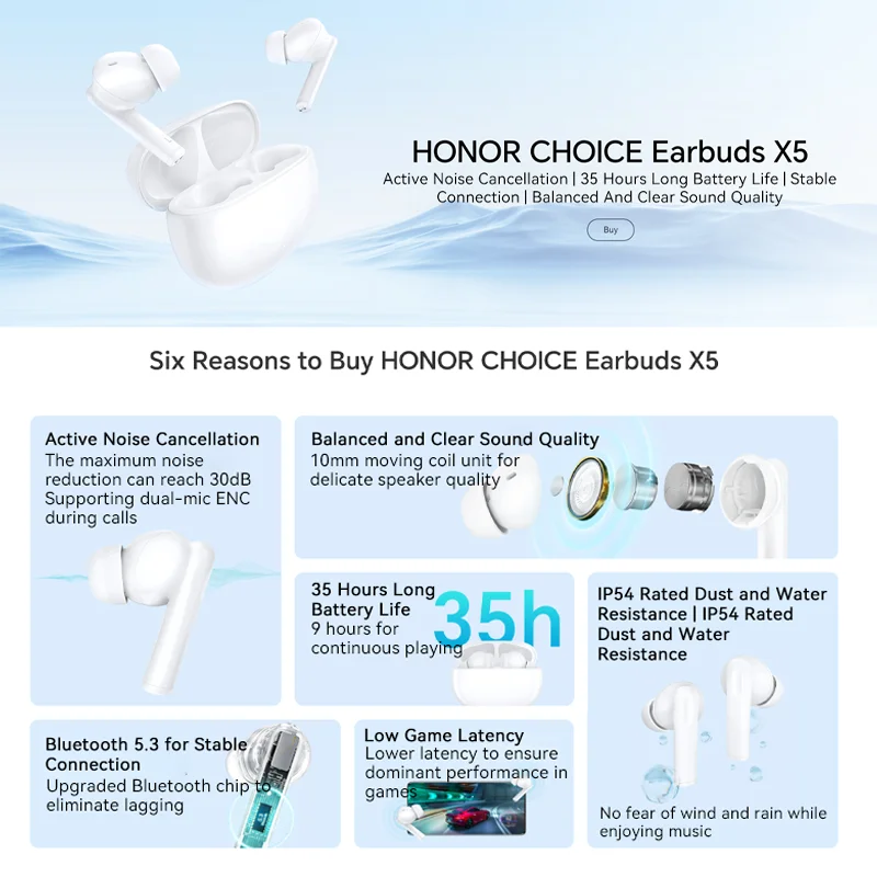 الإصدار العالمي من سماعات أذن HONOR CHOICE X5 سماعات بلوتوث لاسلكية سماعة رأس بخاصية إلغاء الضوضاء النشطة