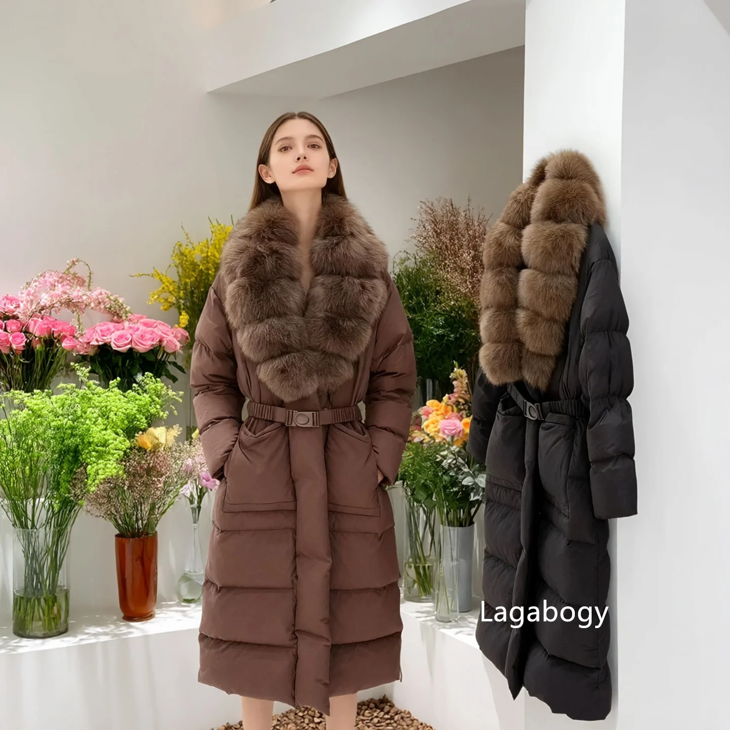 Lagabogy 2026 Long Down Jacket Winter Large Real Fox Fur Collar Waist Women Parkas Elegant Thicken Hooded White Duck Puffer Coat