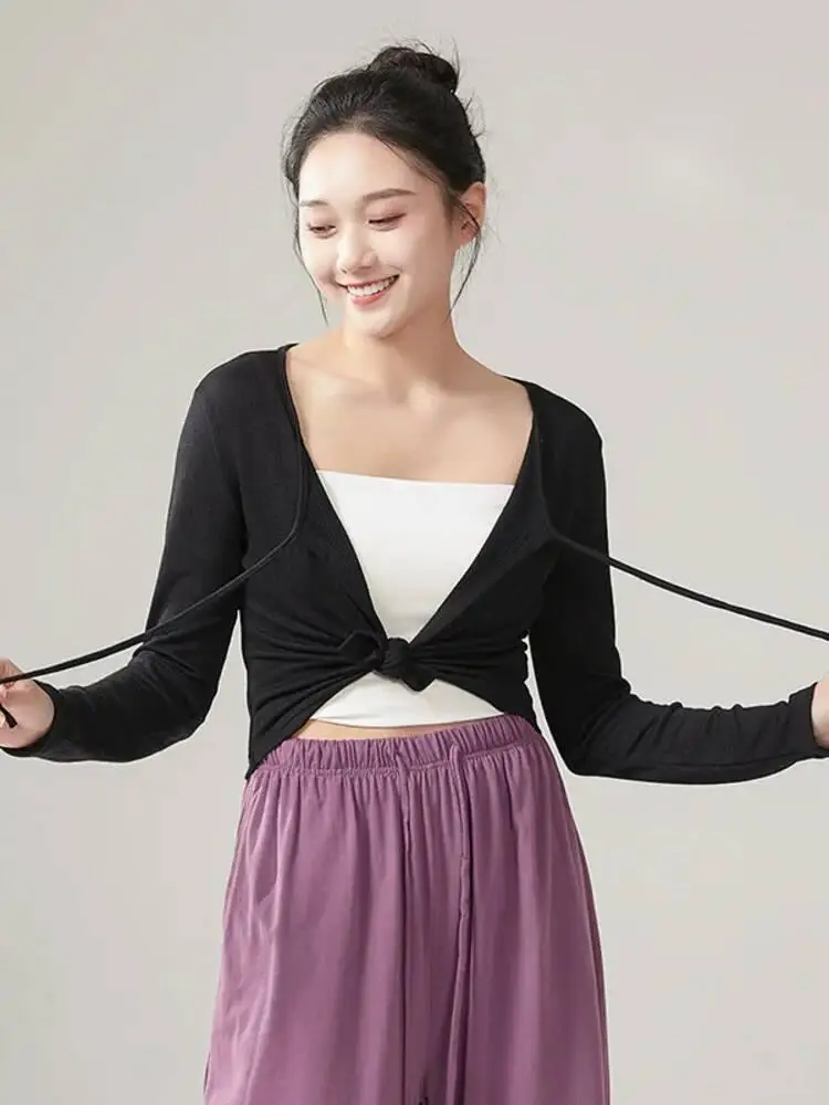 Women Long Sleeve V Neck Ballet Dance Top Solid Color Classical Stage Costume Modern Chinese Folk Performance Cardigan Shirt