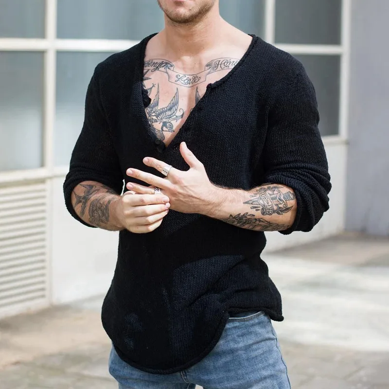 2023 Spring Long Sleeve V Neck Slim Casual Pullover Tops Men Vintage Solid Color Knitting T-shirts Mens Fashion Tees Streetwear