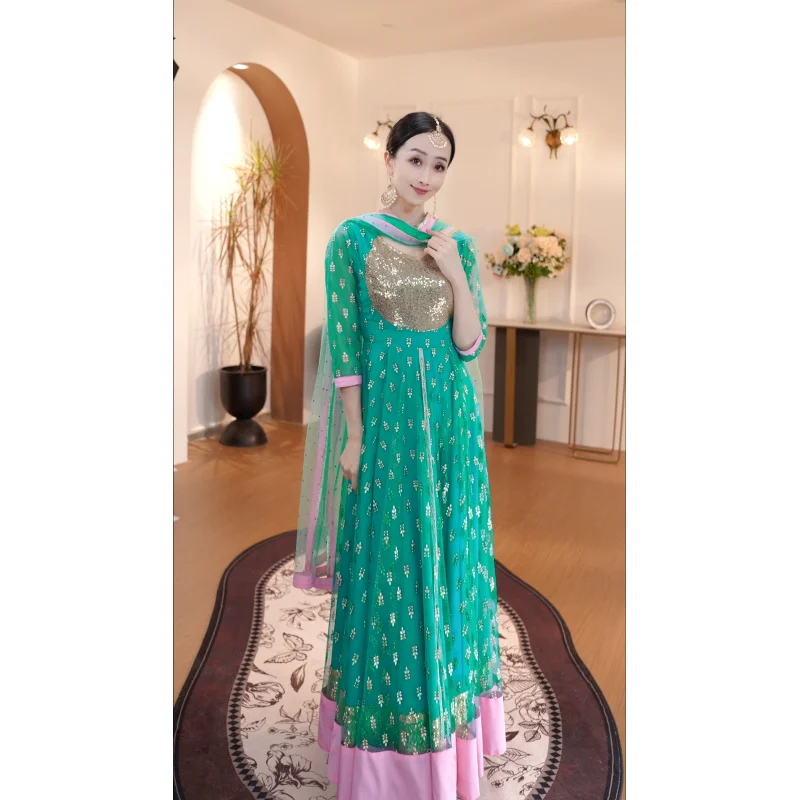 Female Indian Traditional Dance Dress Half Sleeve Big Swing Dress Bollywood Dance Saree Veil Suit Dance Stage Clothing DQL12471