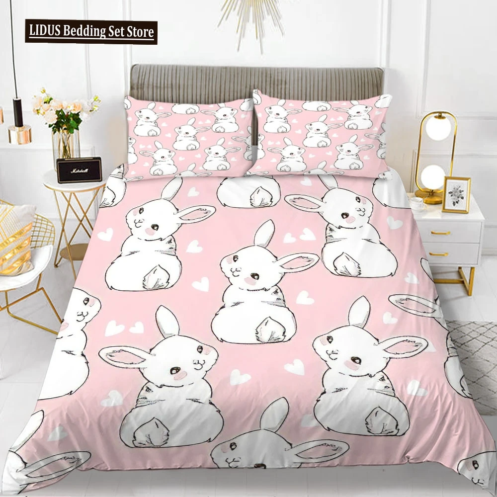 

Rabbit Duvet Cover Set Cartoon Animals Theme 3D Print Kawaii Cute Pink King Queen Size For Kid Girls Women Polyester Bedding Set