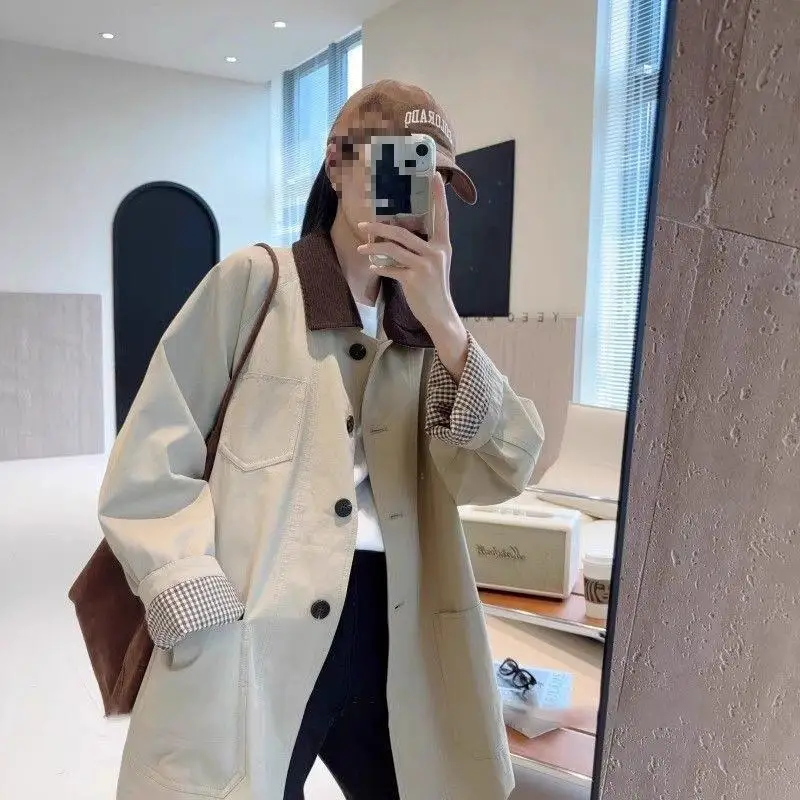 

Casual Khaki Color Korean Style Women's Long Coat Spring Season Loose Fit Medium Length Windbreaker Fashionable Ladies Jacket