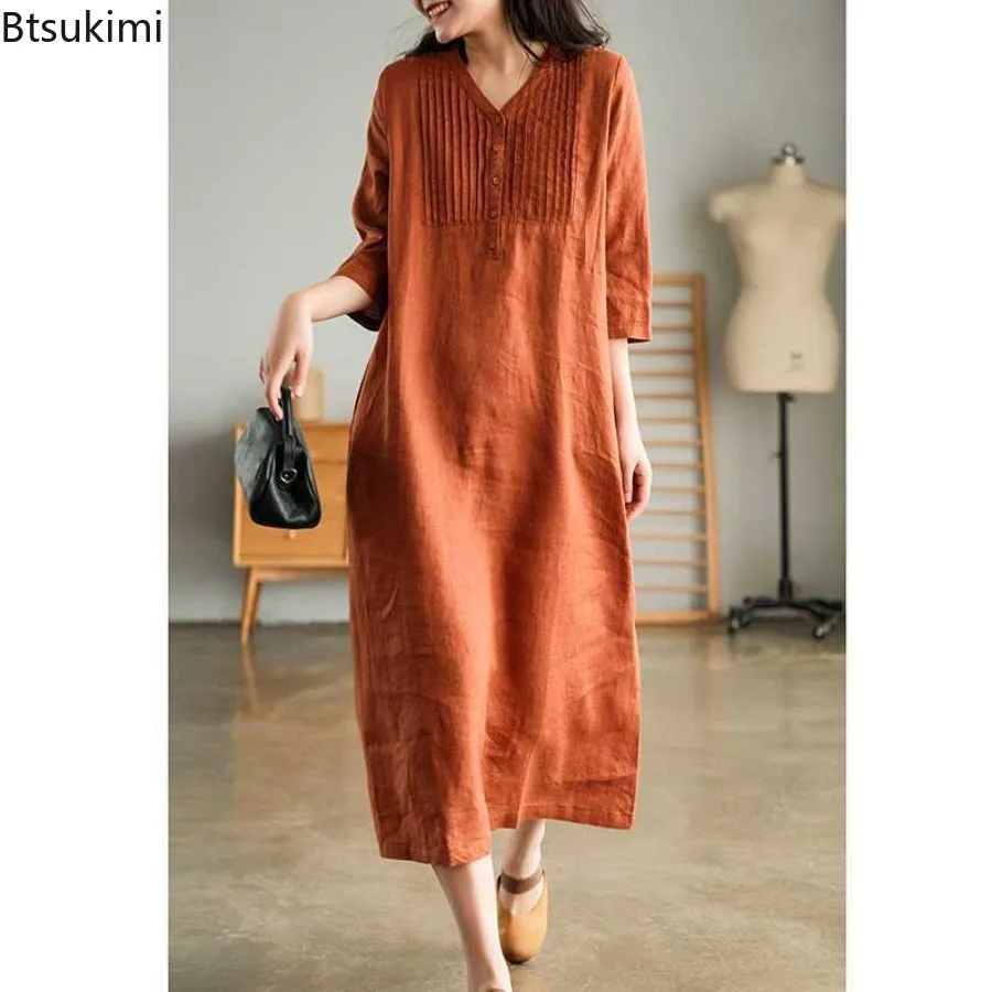 

Женское летнее повседневное платье 2026 года, однотонное, в винтажном стиле, с V-образным вырезом, свободное, из хлопка и льна, длинное, элегантное, в стиле роба (платье-халат)