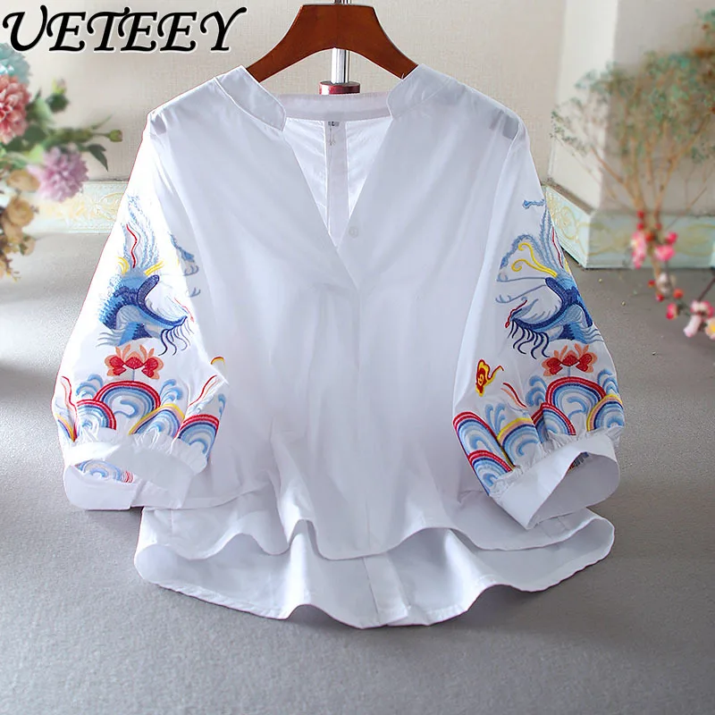 Fashion Women's Tops National Embroidery Ethnic Style Elegant V-neck Blouse High Waist Temperament White Loose Casual Shirt