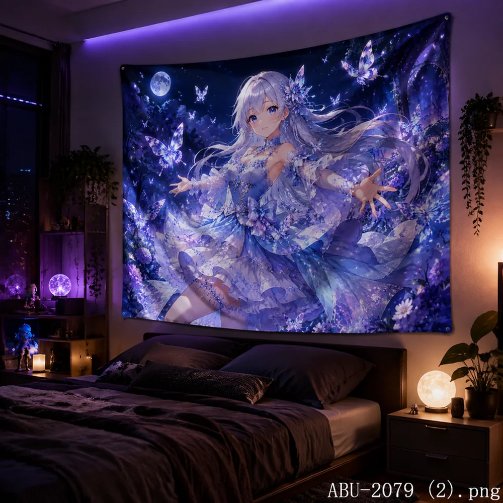 VIKAMA Moonlight Witch Tapestry – Anime Girl with Star Wand, Crescent Moon and Galaxy, Fantasy Night Sky Room Decor