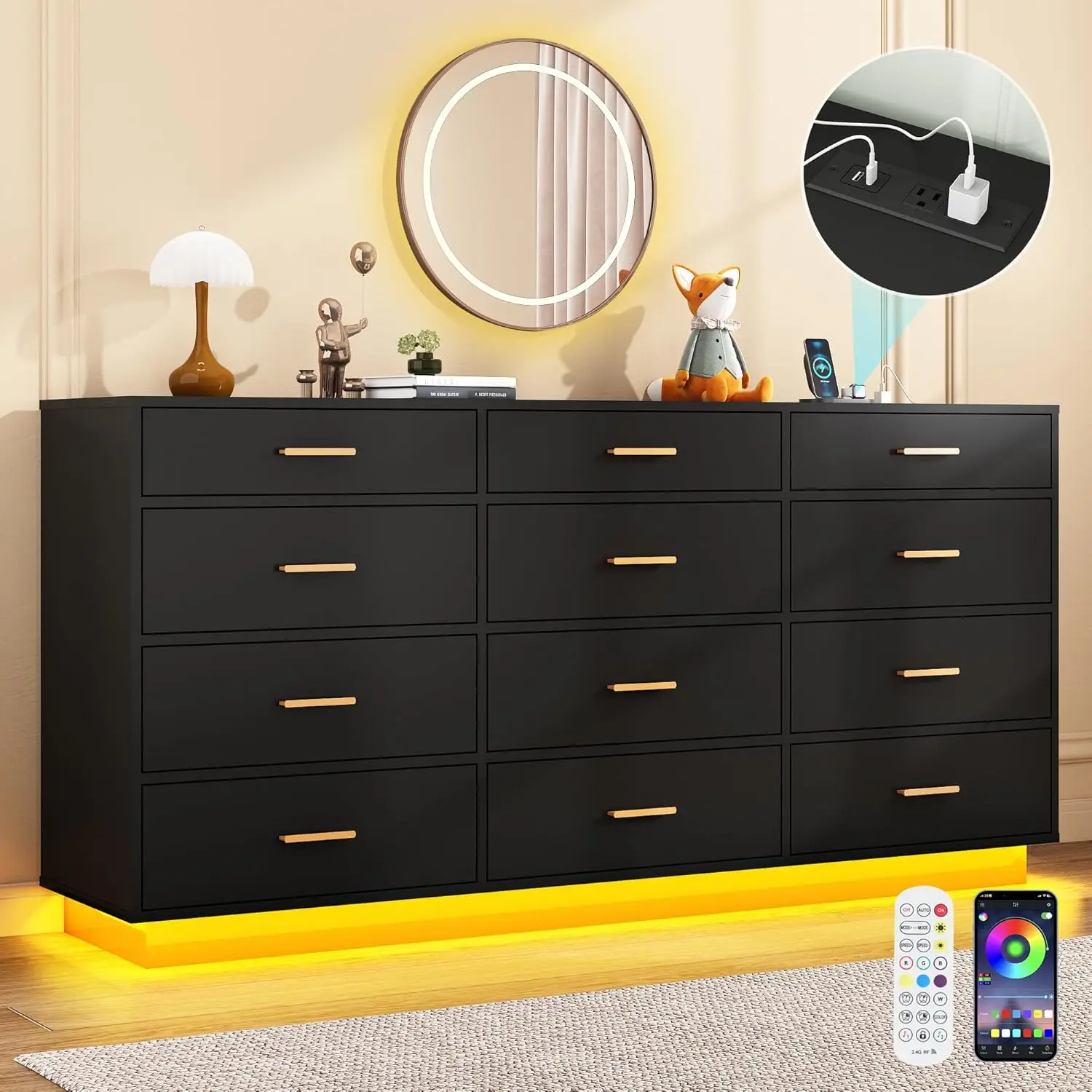 Black 12 Drawers Dresser w/Power Outlet,60000-Colors Lights,63In Long Dresser Chest for Bedroom,Wooden Tall Large Capacity Cloth