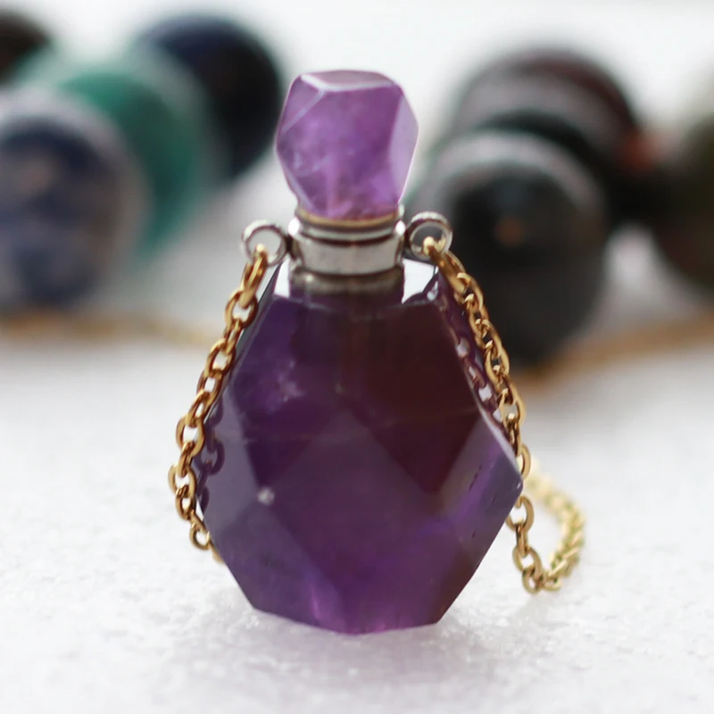Natural Quartz Reiki Healing Amethyst Necklace Faceted Essential Oil Perfume Bottle Pendant Aromatherapy Jewelry