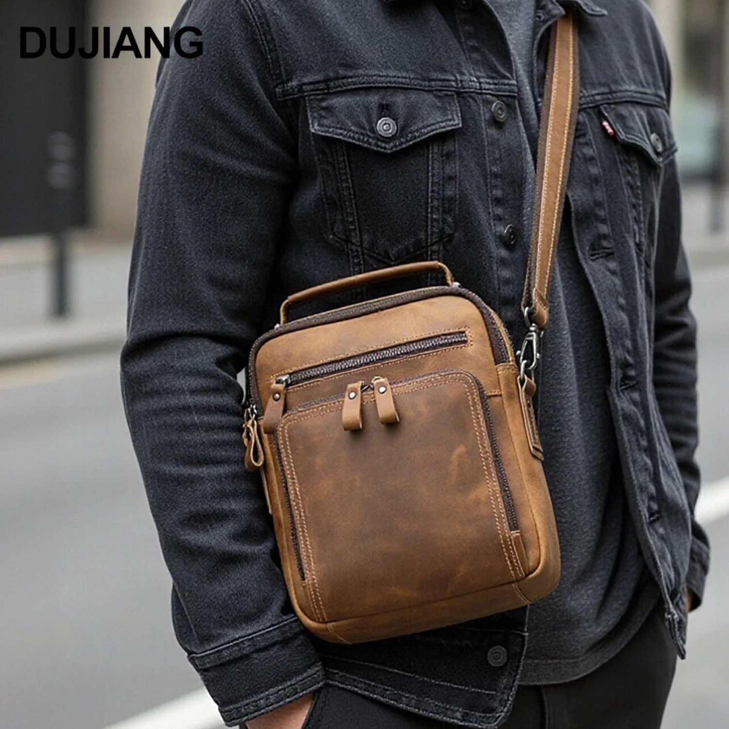 Genuine leather retro men's hand-held shoulder bag, vertical square, high-end crossbody bag for commuting and travel