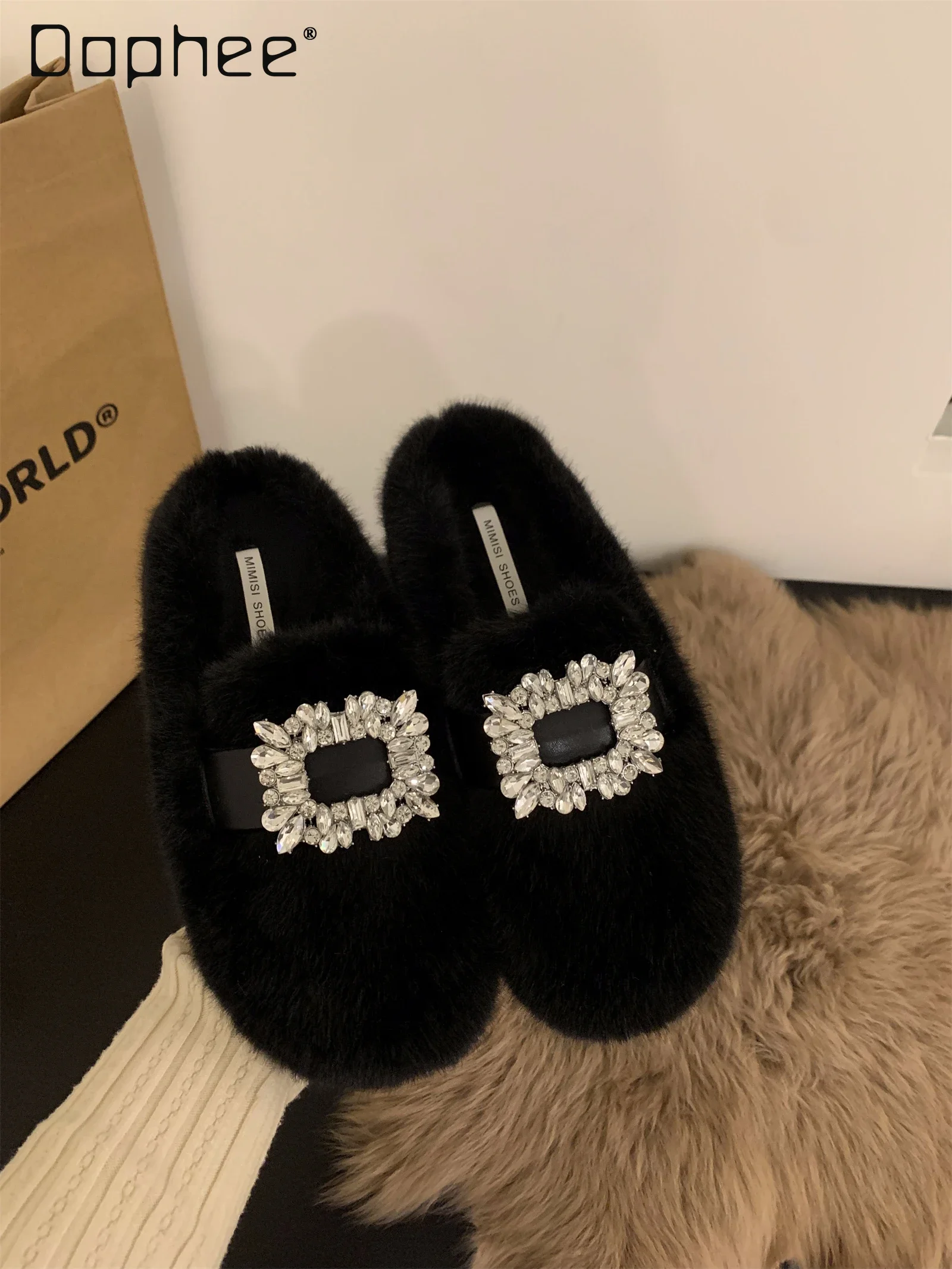 

Rhinestone Fluffy Flat Slippers Women Warm Home Cotton Shoes 2025 Trend Casual Cozy Flip Flops Winter Korean Style Footwear