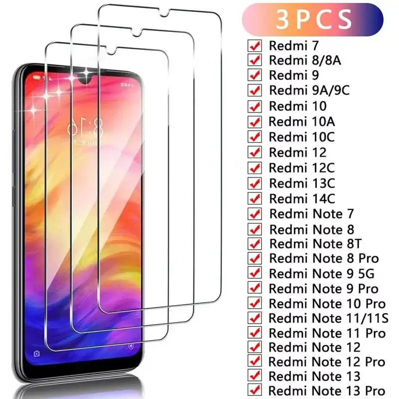 

3-1 шт. Защитная пленка из закаленного стекла для Xiaomi Redmi Note Series 7 8T 9 10 11 12 13 4G 5G - прозрачная HD-защита для нескольких моделей