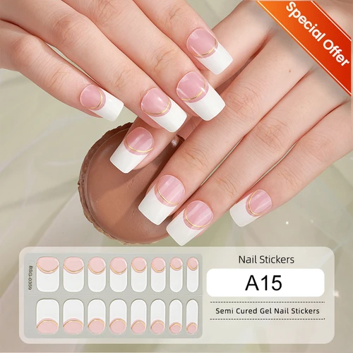 Imagen 2 del producto 16 puntas de pegatinas de Gel semicuradas para uñas, línea degradado francés, lámpara UV/LED, envolturas de esmalte de uñas de Gel, pegatina de Gel de cobertura completa de larga duración
