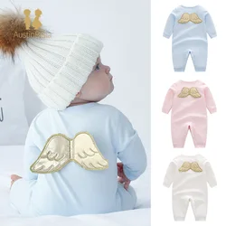 Spring Autumn Baby Romper Baby Girl Boy Clothes Round Collar Long Sleeves Blue White Pink Angel Wing Jumpsuit Newborn Clothes