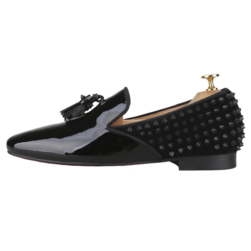 Piergitar Black Patent Leather Patchwork Suede Slip-On Tassels Loafers CL Brand Red Bottom Handmade Men's Spiked Design Slippers