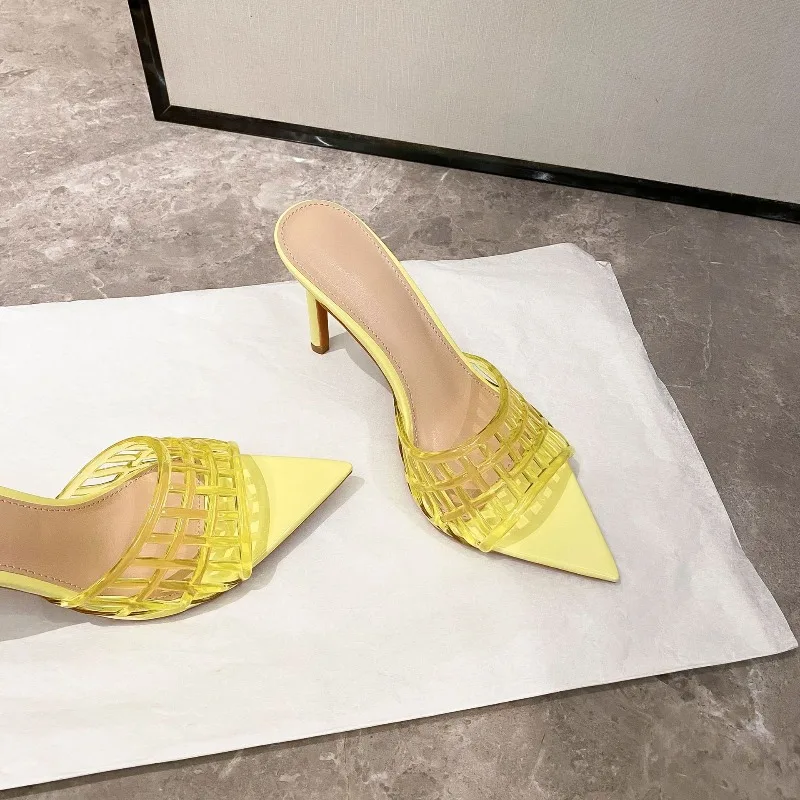 Mules à talons aiguilles ajourées en PVC pour femme 2026, à bout pointu, multicolores, pour l'été, idéales pour les soirées et le quotidien
