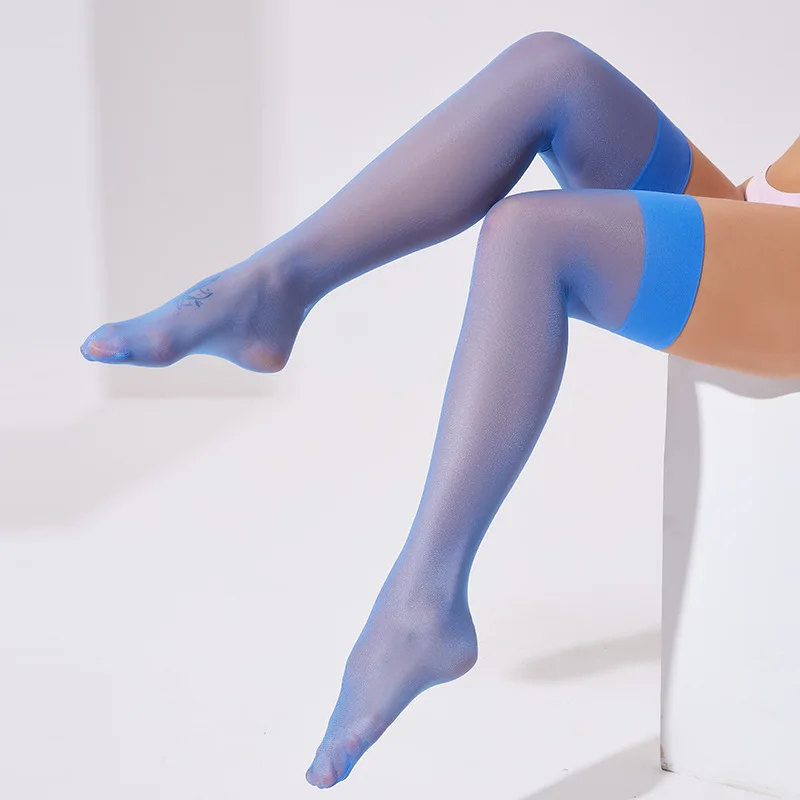  High Stocking Blue Stockings For Women  Slightly Shine Silky Hosiery Wide Tube Over Knee Long Socks Transparent Thigh