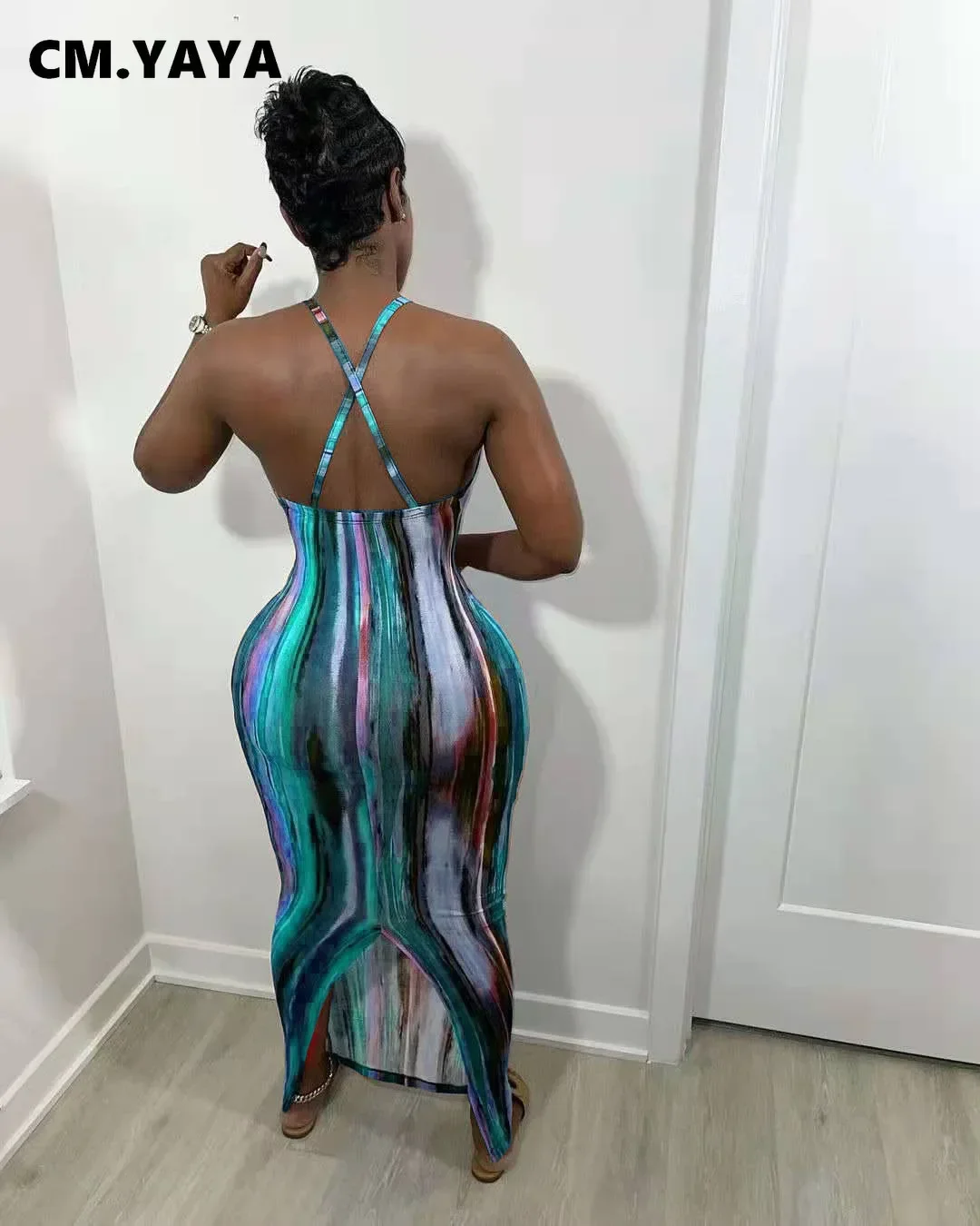 CM.YAYA Tie Dye Print Halter Open Back Maxi Dress Women Bodycon Sleeveless Splited Back Pencil Midi Long Dresses Summer 2021