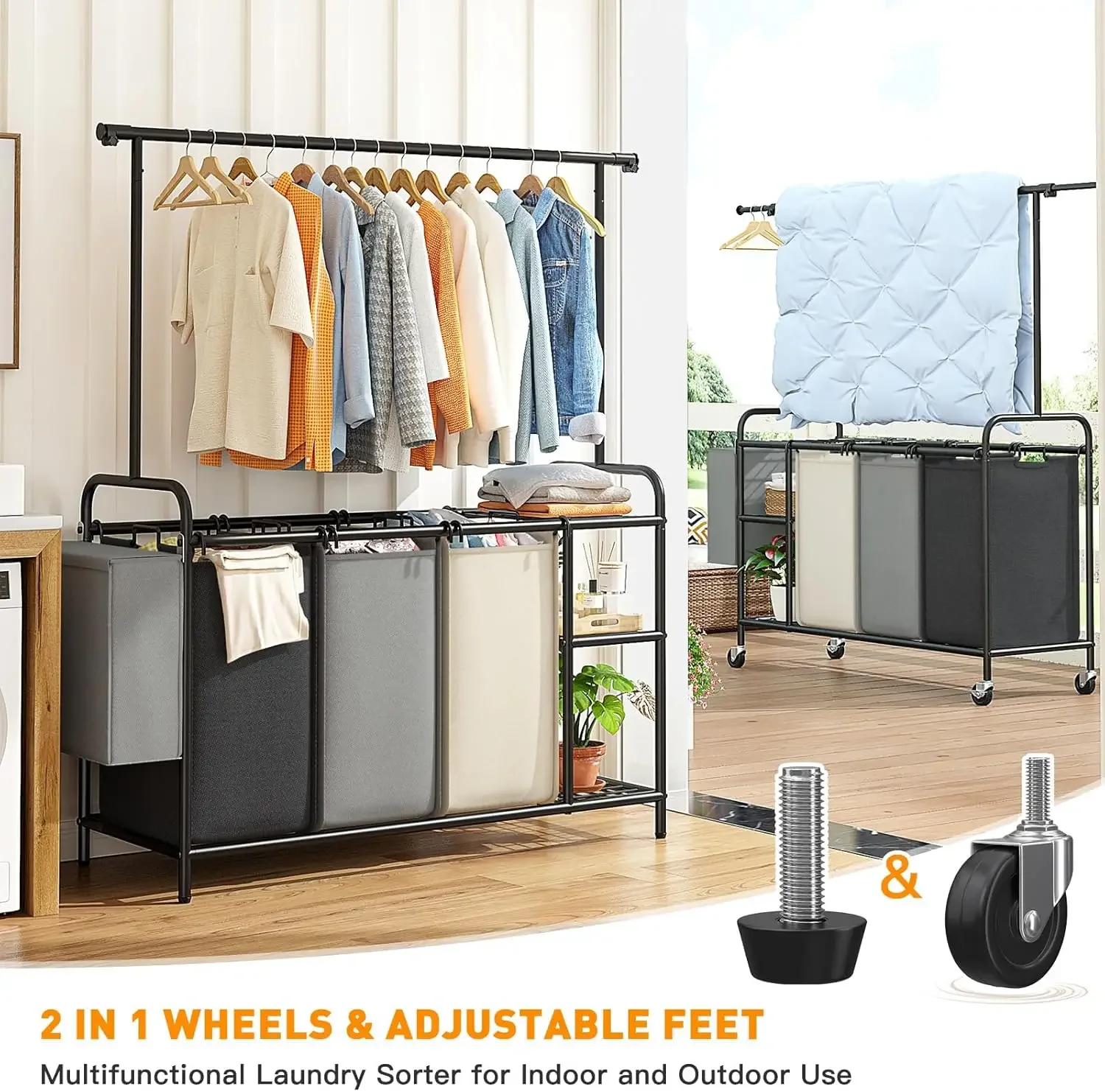 Laundry Sorter 3 Section Rolling Laundry Hamper Cart with Shelf 200L Large Laundry Basket Organizer 3 Compartment Hampers