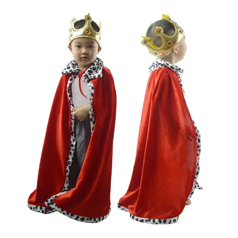 2024 Children Birthday Party Cosplay Props Accessory Adult Kids King Emperor Halloween Costume Red Cloak King Prince Robe Crown