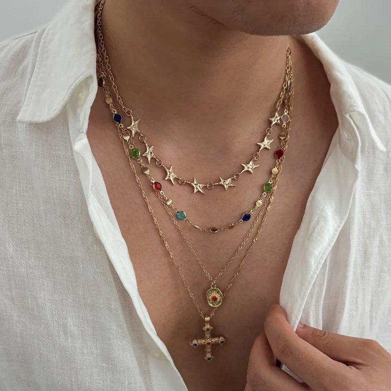 4 Layer Stackable Necklace Set for Men, Vintage Star Cross Pendant Inlaid Color Crystal European American Fashion Jewelry