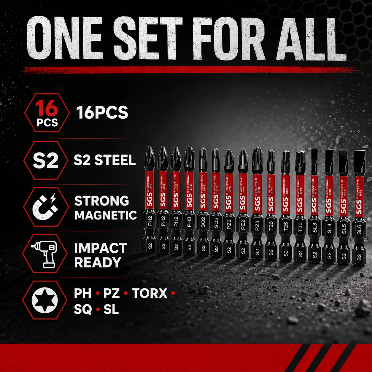 16PCS Magnetic Impact Screwdriver Bit Set, S2 Steel Drill Bits, PH2×3 PZ2×2 SQ2×2 T20 T25 T30, 50mm Multi-Type Bits with SL3 SL4 SL5 SL6 & Storage Case