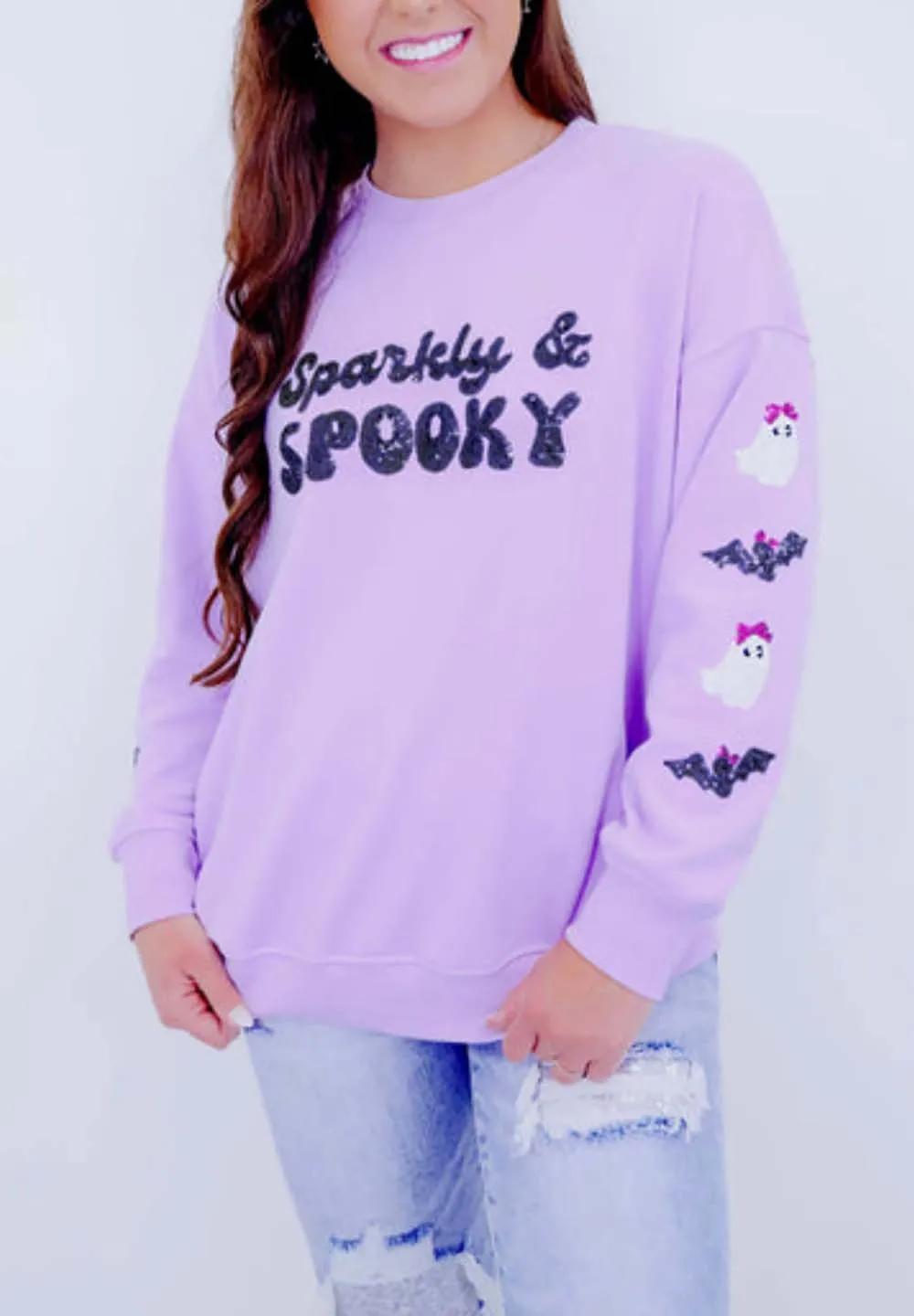 Halloween Spooky Sequin Embellished Sweatshirt Festival Casual Tops Oversized Sequin Embroidered Pullover Skeleton Print Crewnec