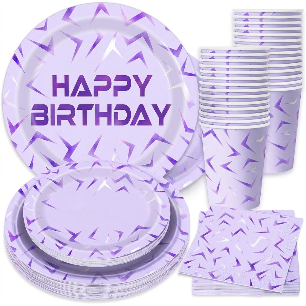 50pcs Kpop Music Warrior Theme Party Supplies Purple Disposable Tableware Set Paper Plates Cups for Birthday Baby Shower Decor