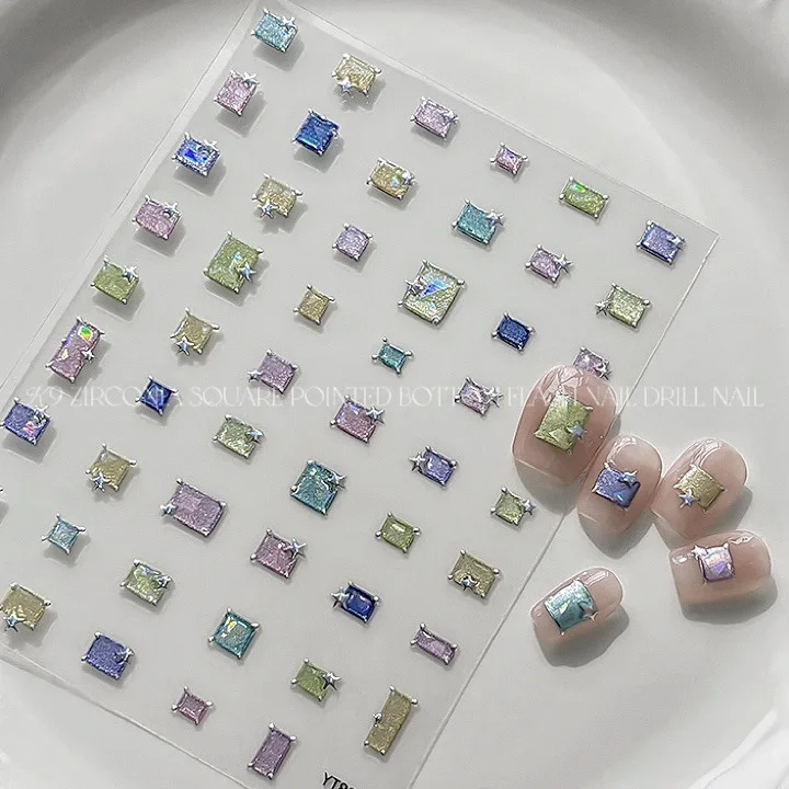 Multicolor Rectangular Gem Nail Stickers Shining Square Gem Nail Sticker Self-Adhesive DIY Nail Art Decorations Decals Accessory