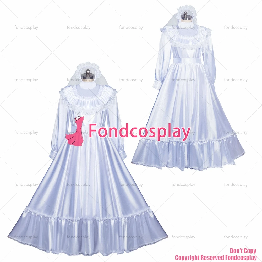 fondcosplay adult sexy cross dressing sissy maid long French Lockable white Satin Dress Uniform veil CD/TV[G3972]