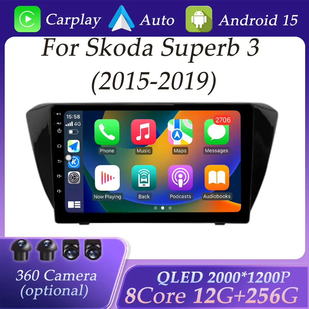 

QLED Screen for Skoda Superb 3 2015 - 2019 Wireless CarPlay Car Radio Video Audio Multimedia Player Split Screen GPS Navigation