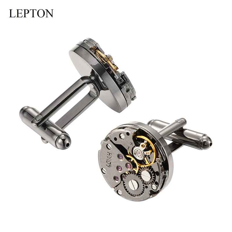 Gemelos de movimiento de reloj negro Lepton, mecanismo de reloj de engranaje Steampunk inamovible, gemelos de joyería para hombre, Relojes Gemelos