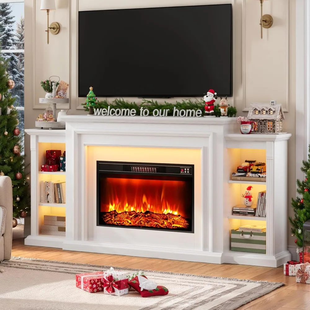 

80 Inch Electric Fireplace TV Stand with Mantel, Freestanding Heater, Adjustable Flame, Remote Control, LED Lighting