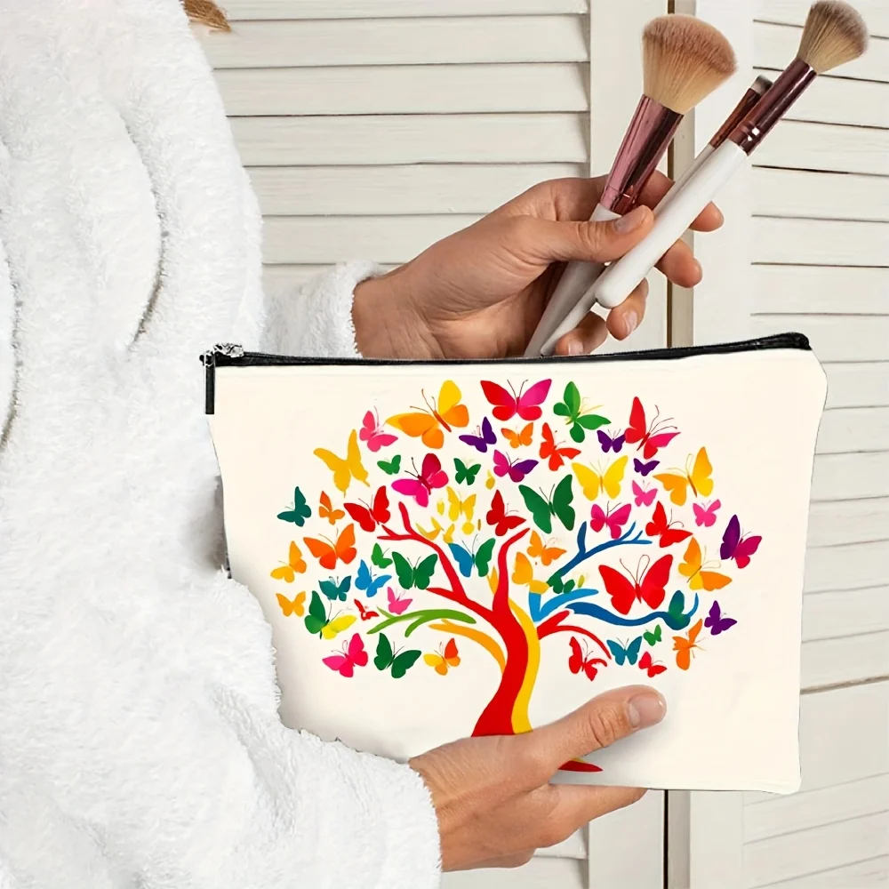 Eine Make-up-Tasche mit Regenbogenbaum-Schmetterlingsdruck – multifunktionale Reißverschlusstasche, Schmuckaufbewahrungstasche
