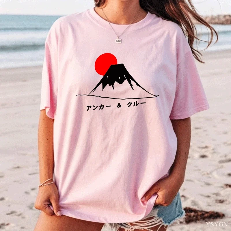 Mount Fuji Sun Set T-shirt Women Japanese Style Short Sleeve Tshirt High Quality Tshirt Short-Sleeved Comfortable Tee Tops
