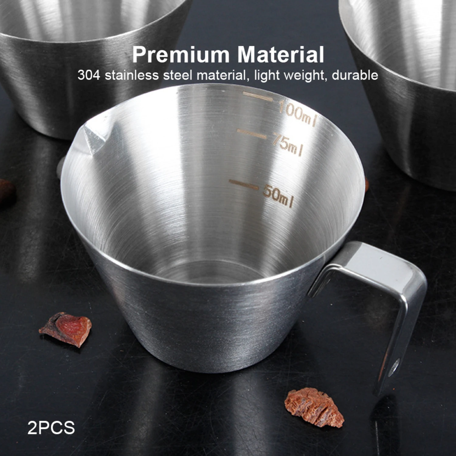 2pcs Stainless Steel Espresso Measuring Cups - Durable 304 Construction, Wide Mouth Design, Easy-to-read Inside Markings.