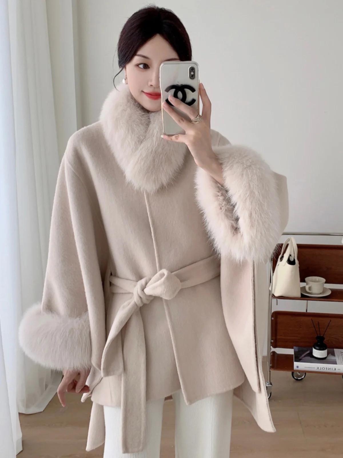 Real Fox Fur Woolen Jacket Women 2024 New Autumn Winter Cloak Wraps Bat Nine-quarter Sleeve Wool Coat Female Long Loose Belt  