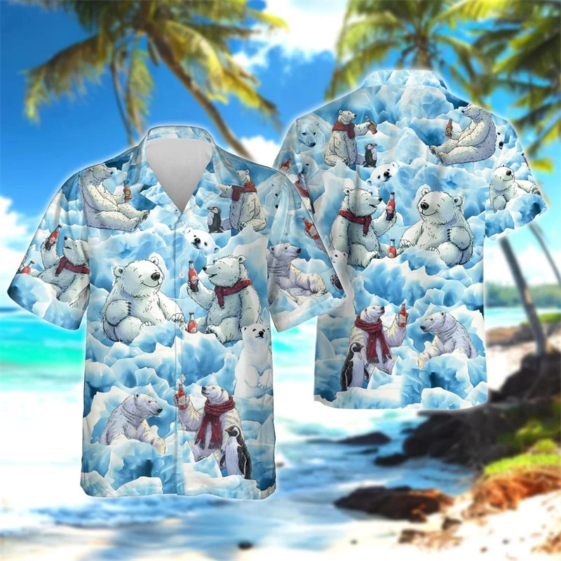 

2024 New Cartoon Kawaii Polar Bear 3D Print Shirts For Men Funny Animal White Bear Hawaiian Blouse Short-sleeved Streetwear Tops