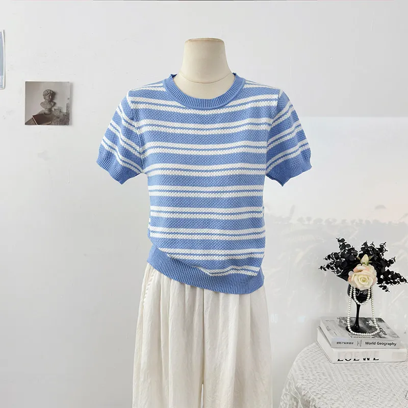 

Женская трикотажная футболка с цветными блоками и полосками, новинка лета 2026, с круглым вырезом, коротким рукавом, модная универсальная повседневная модель