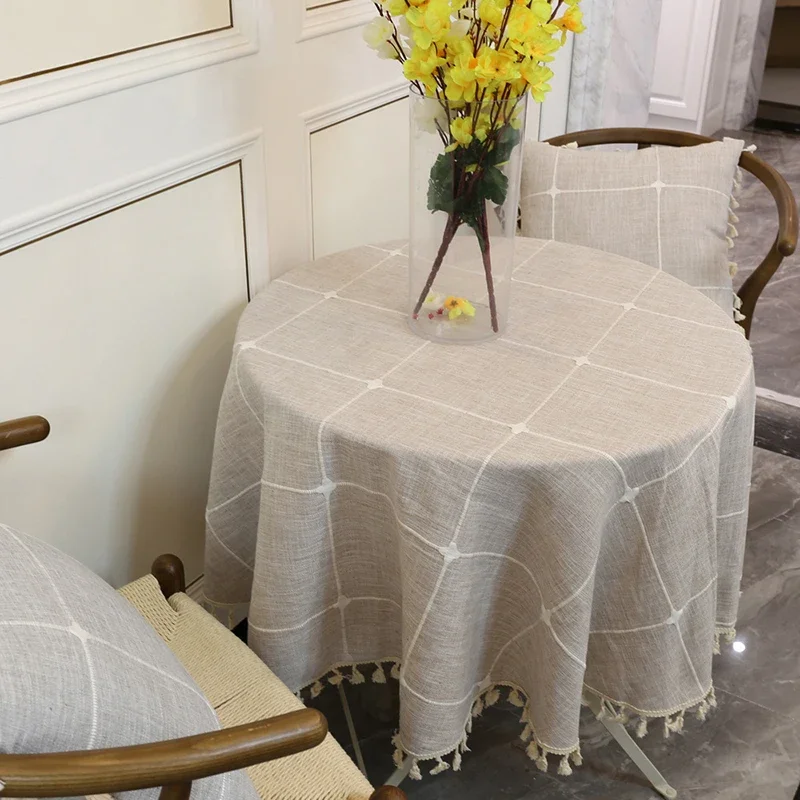 Round Tassel Plaid Tablecloths Heavy Weight Cotton Linen Fabric Dust-Proof Table Cover Kitchen Dining Party Tabletop Decorations